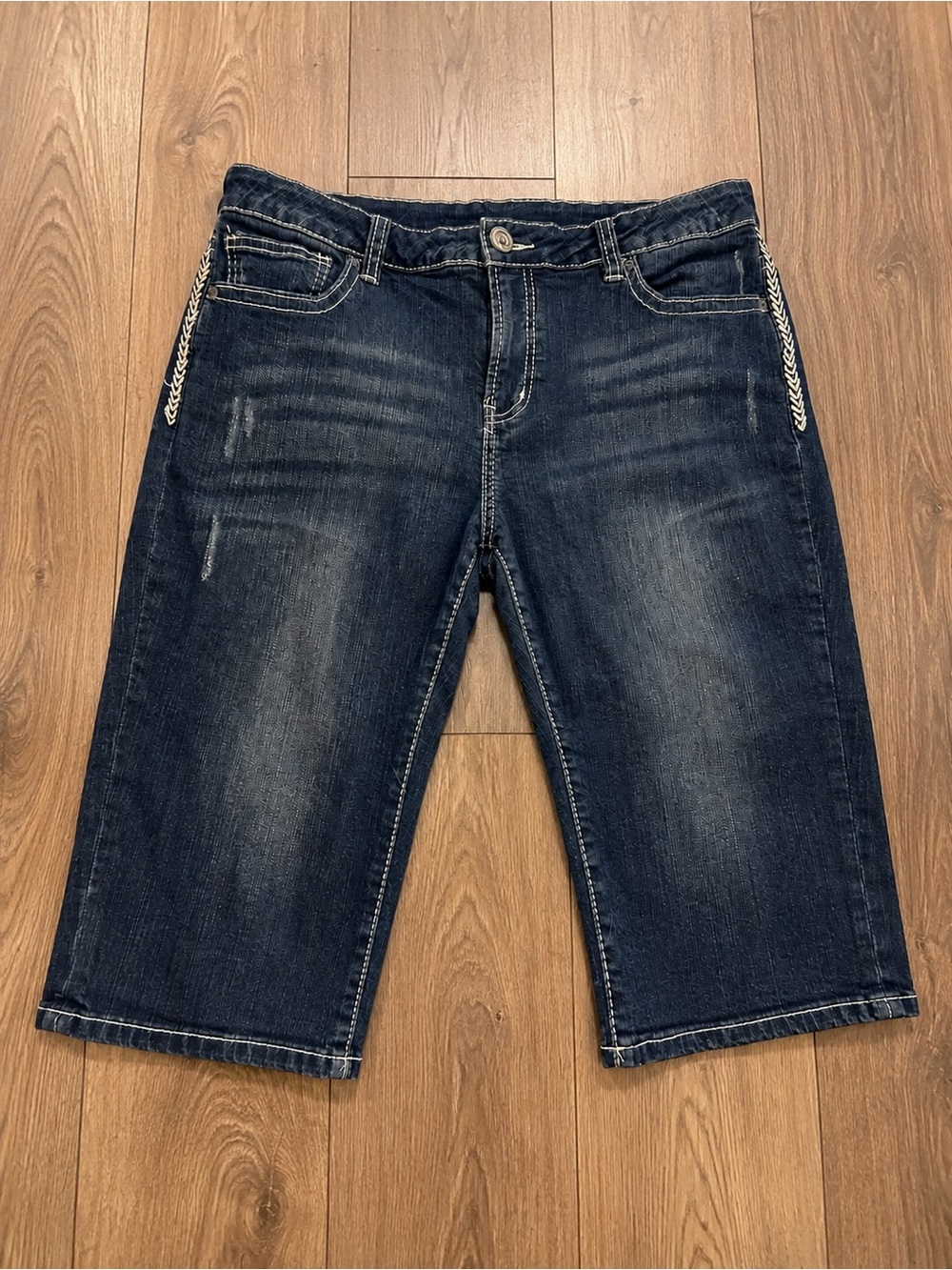 Dark Blue Women's Denim Jean Shorts with Subtle Distress